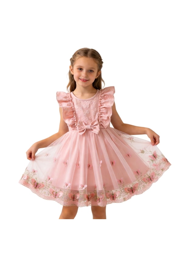 Girls Ruffle Flutter Sleeve Tulle Dress, Butterfly Embroidered Bow Waist Outfit For Birthday and Wedding Guest