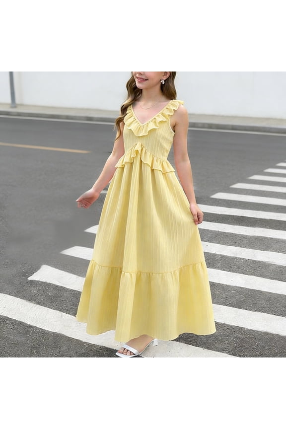 Girls Ruffle Strap Maxi Dress, V-Neck Flowy Sundress for Summer Vacations and Casual Days