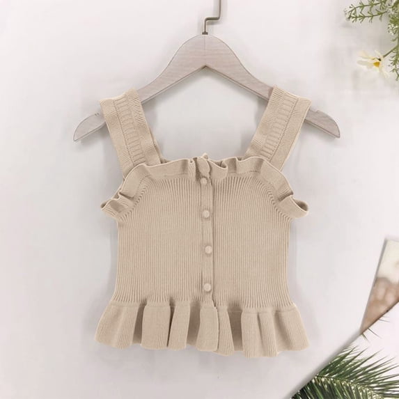 Freshbabe Girls Ruffle Tank Tops, Sleeveless Square Neck Button Down Ribbed Cami, Cute Peplum Hem Tank Top for Summer Casual and Holiday Outfits,Size2-10