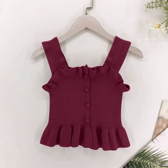 Freshbabe Girls Ruffle Tank Tops, Sleeveless Square Neck Button Down Ribbed Cami, Cute Peplum Hem Tank Top for Summer Casual and Holiday Outfits,Size2-10