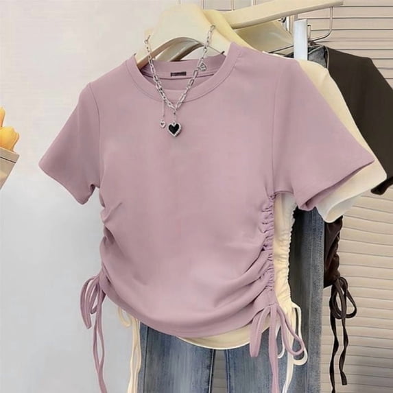 Freshbabe Girls Side Drawstring Crop Tank Tops, Crew Neck Short Sleeve Casual Tops for Kids, Soft Stretchy Tees for Summer and Casual Outings