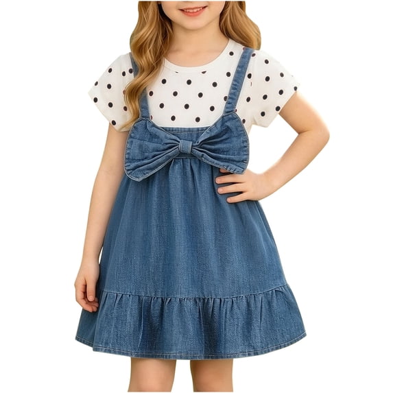 Freshbabe Girls' Solid Denim Bow Front Suspender Dress, Ruffle Hem Overall Dress for Spring Summer Casual and Party Wear