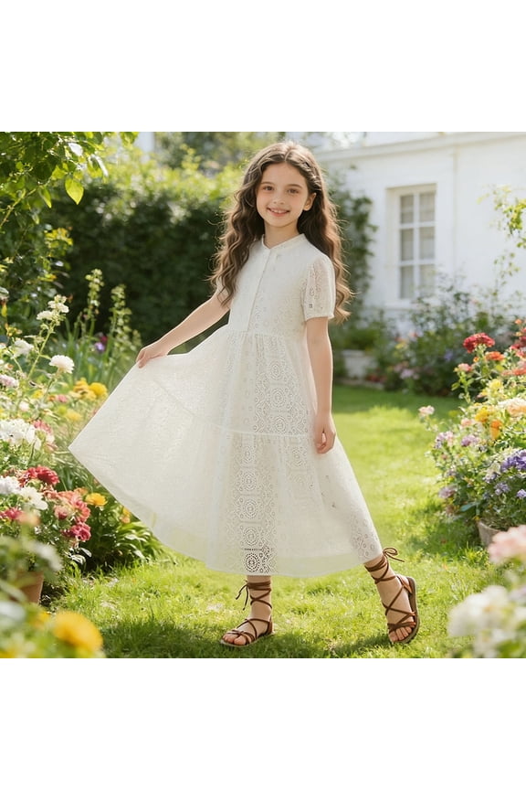 Girls'Solid Lace Button Dress Short Sleeve Casual Summer Maxi Sundress