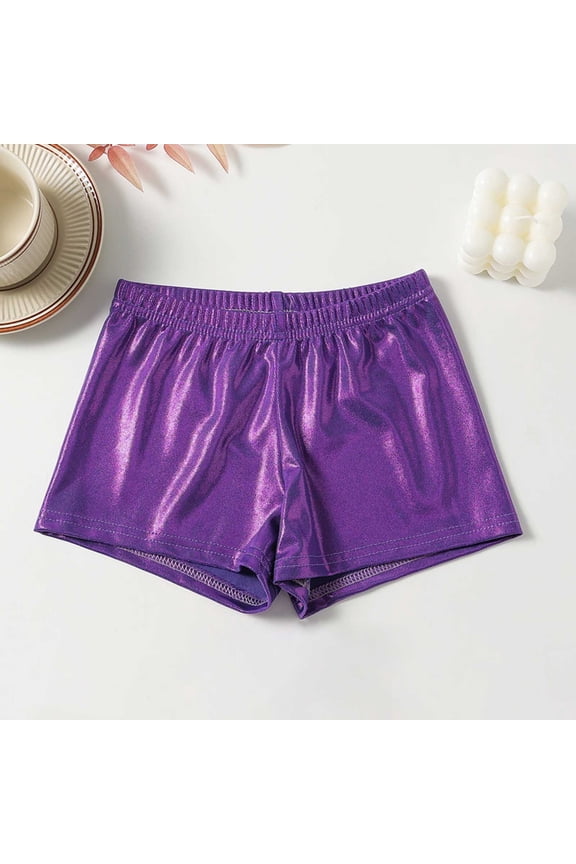 Girls Solid Shiny Cheerleading Gym Shorts Elastic Waist Loose Pants For Dance Practice Sports Competition Daily Summer Wear