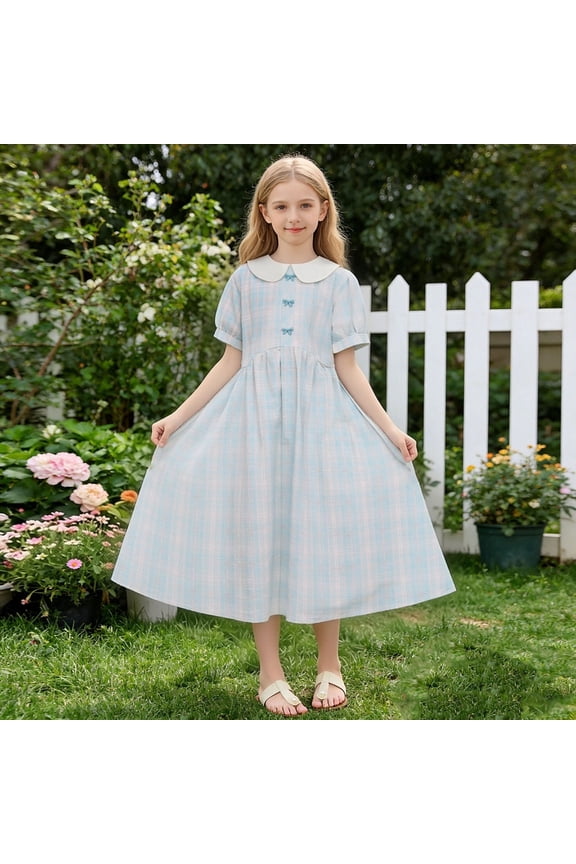 Girls'Solid Short Sleeve Ruffle Hem Maxi Dress, Casual Dress for School and Every Occasions