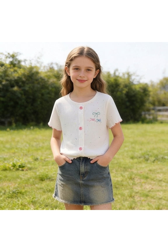 Girls' Summer Fashionable and Cute Round Neck Short Sleeve T-shirt Baby Bow Embroidery Color Blocked Top