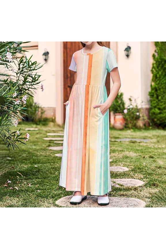 Girls Summer Print Maxi Dress, Short Sleeve Casual Long Dress with Pockets for Beach Vacation and 4th Of July