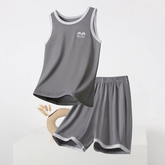 Freshbabe Kids 2-Piece Outfit: Tank Top + Shorts,Contrasting Colors on Cuffs,Breathable Summer Playwear for 4th of July
