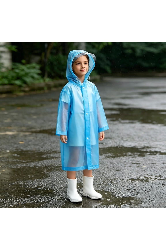 Kids Blue Transparent Hooded Raincoat, Waterproof Button Rain Jacket, For School & 4Th Of July Outdoor