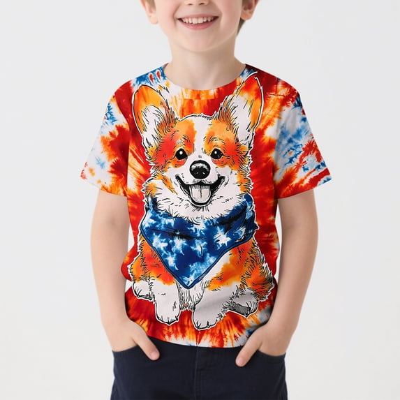 Freshbabe Kids Boys 4Th Of July Patriotic Tie Dye Crew Neck Short Sleeve T-Shirt, Red White Blue Dog Cartoon Print Tee For Independence Day
