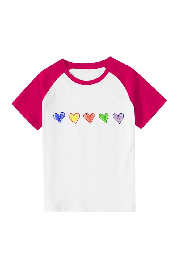 Kids Boys Girls Rainbow Heart Print Raglan Short Sleeve T-Shirt, Casual Pride Inspired Tee For Kids Back To School and Everyday Wear