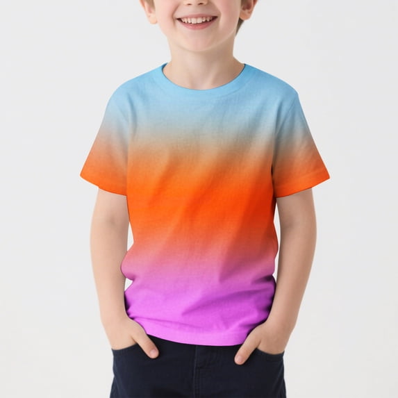 Freshbabe Kids Crew Neck Short Sleeve Vibrant Rainbow Ombre T-Shirt, Loose Fit Casual Gradient Color Top, Summer Fashion Tee for Boys and Girls, Festival and Daily Wear