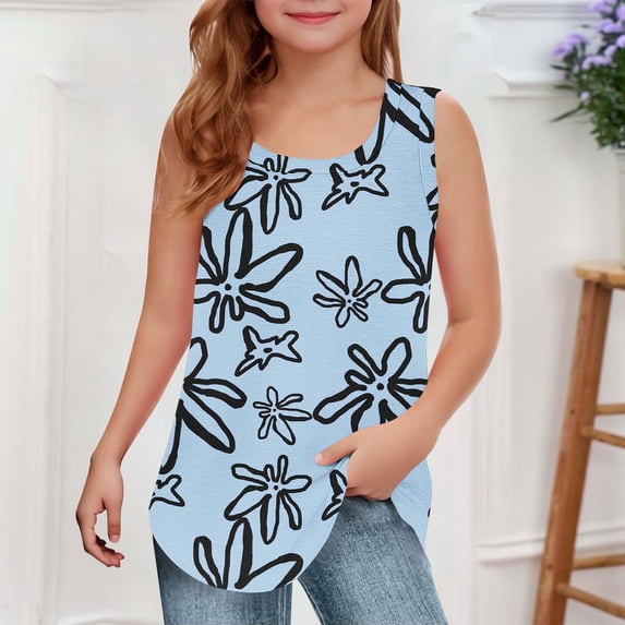Freshbabe Kids Flowy Tank Tops, Girls Casual Sleeveless Crew Neck , Floral Print Loose Fit Tank Top for Summer Beach Daily Wear,Size5-14
