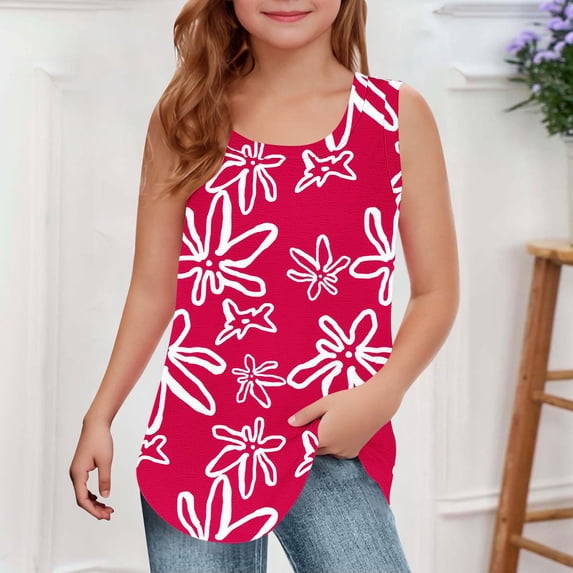 Freshbabe Kids Flowy Tank Tops, Girls Casual Sleeveless Crew Neck , Floral Print Loose Fit Tank Top for Summer Beach Daily Wear,Size5-14