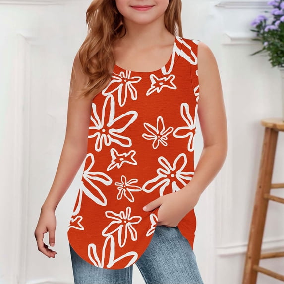 Freshbabe Kids Flowy Tank Tops, Girls Casual Sleeveless Crew Neck , Floral Print Loose Fit Tank Top for Summer Beach Daily Wear,Size5-14
