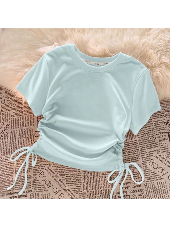 Kids Girls Drawstring Side Ruched Crew Neck Short Sleeve Crop T-Shirt, Casual Adjustable Tie Waist Tee For Summer