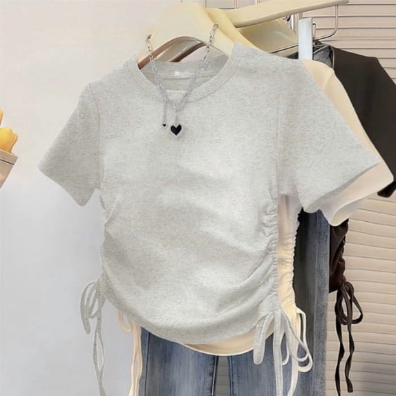 Freshbabe Kids Girls Drawstring Side Ruched Crew Neck Short Sleeve Crop T-Shirt, Casual Adjustable Tie Waist Tee For Summer