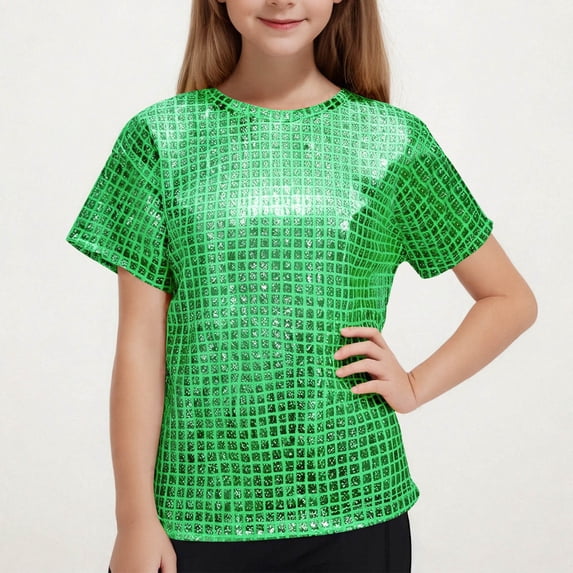 Freshbabe Kids Girls’ Holographic Shiny Short Sleeve Top - Sparkly Metallic Crew Neck Party T-Shirt for Trendy and Party,Size3-16