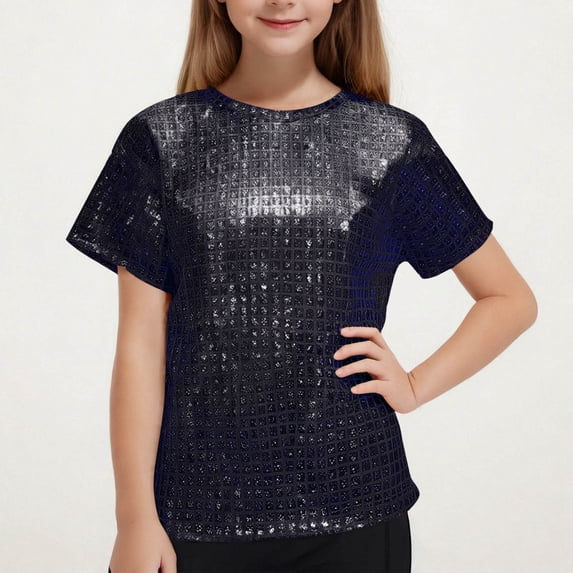 Freshbabe Kids Girls’ Holographic Shiny Short Sleeve Top - Sparkly Metallic Crew Neck Party T-Shirt for Trendy and Party,Size3-16