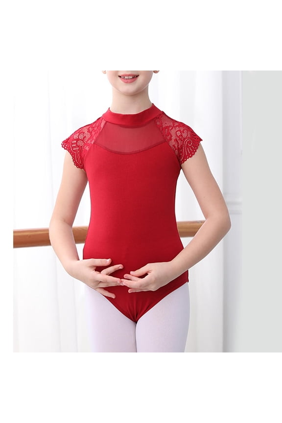 Kids Girls' Light Color Form Fit Lace Mesh High Neck Cap Sleeve Leotard, Ballet Dance Wear For Recitals