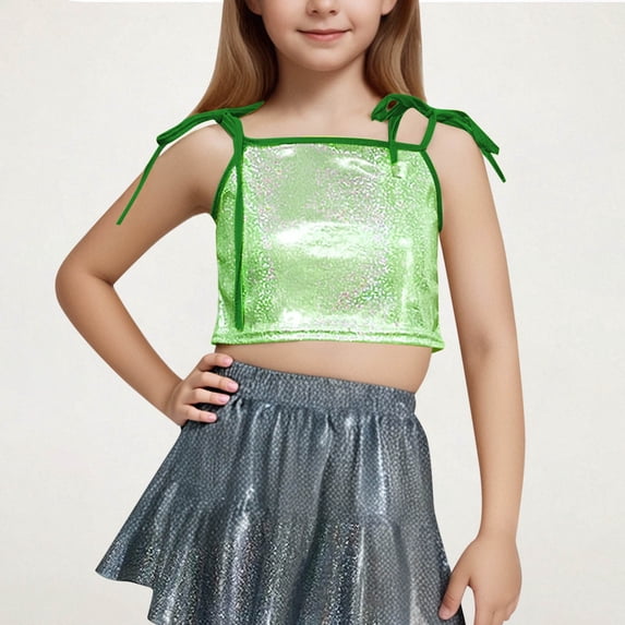 Freshbabe Kids Girls Sparkly Crop Tank Top, Tie Shoulder Sleeveless Cami, Shiny Dance Recital Tank Top for Parties and Performances,Size4-14
