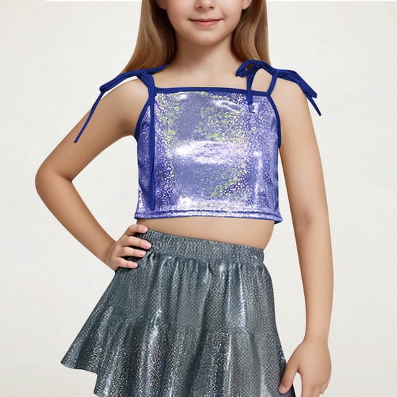 Freshbabe Kids Girls Sparkly Crop Tank Top, Tie Shoulder Sleeveless Cami, Shiny Dance Recital Tank Top for Parties and Performances,Size4-14