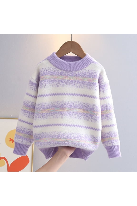 Kids Gradient Rainbow Stripe Knit Sweater Crew Neck Long Sleeve Oversized Soft Pullover For Spring Vacation, Back To School & Cold Weather Layering