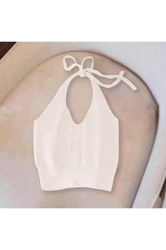 Kids Halter Crop Tank Tops, Girls V-Neck Sleeveless Tie Back Cami Tops, Solid Color Ribbed Tank Top for Summer Beach Party and Casual Wear,Size2-14