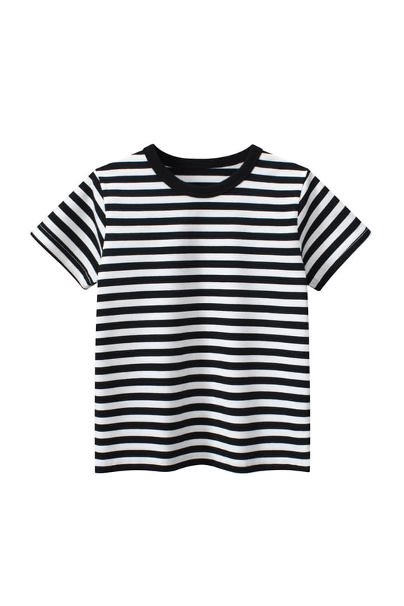 Kids Short Sleeve Crewneck T-Shirt, Classic Black White Striped Tee, Breathable Casual Top For Boys Girls,For Independence Day and School Days,Size2-12