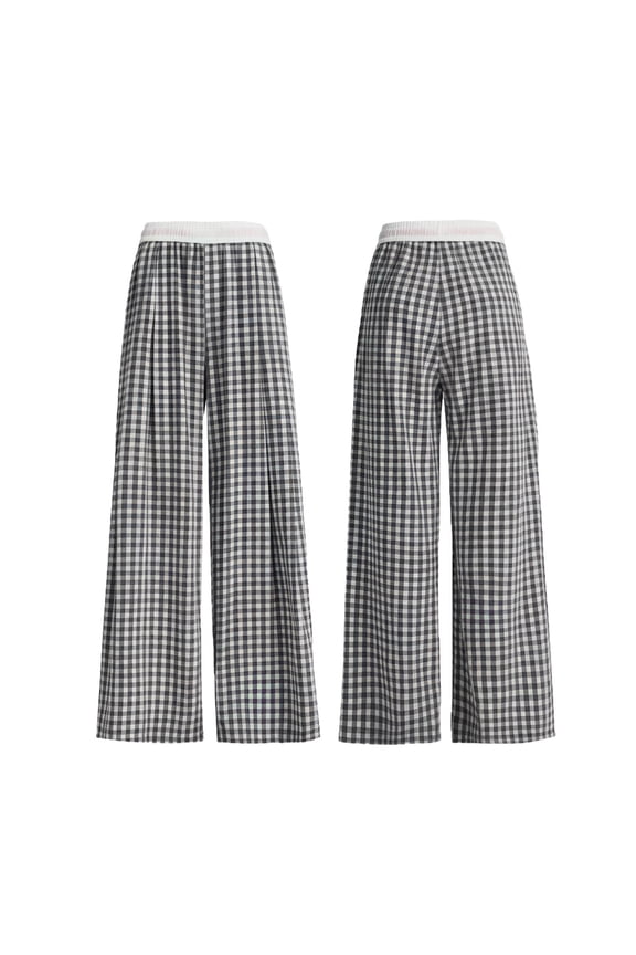 Kids Solid Gingham Wide Leg Pants Elastic Waist Casual Summer Trousers For Beach and Outings,Size 1-15