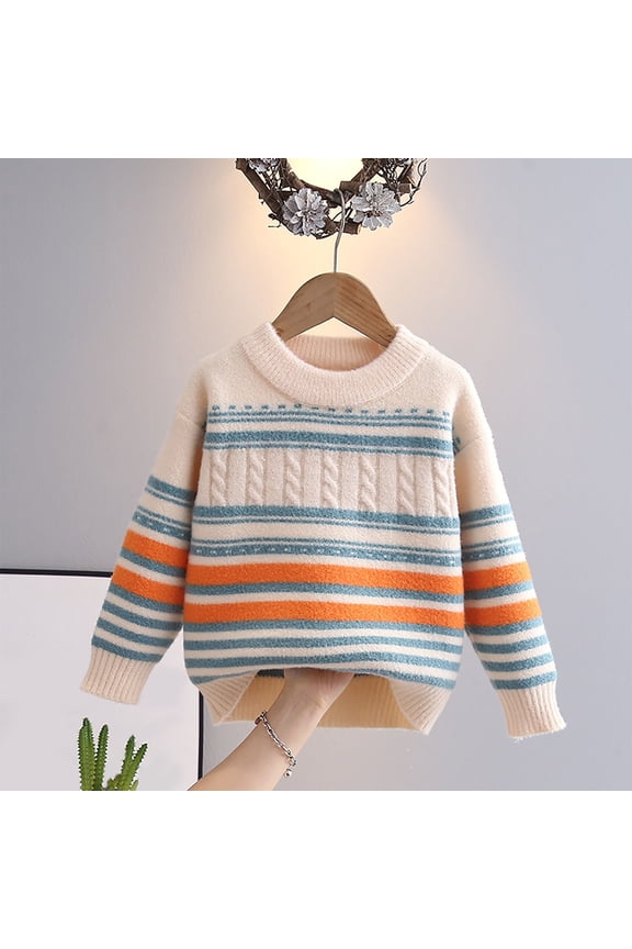 Unisex Kids Spring Color Block Cable Stripe Sweater, Loose Crew Neck Long Sleeve Cream Blue Brown Casual Play Pullover