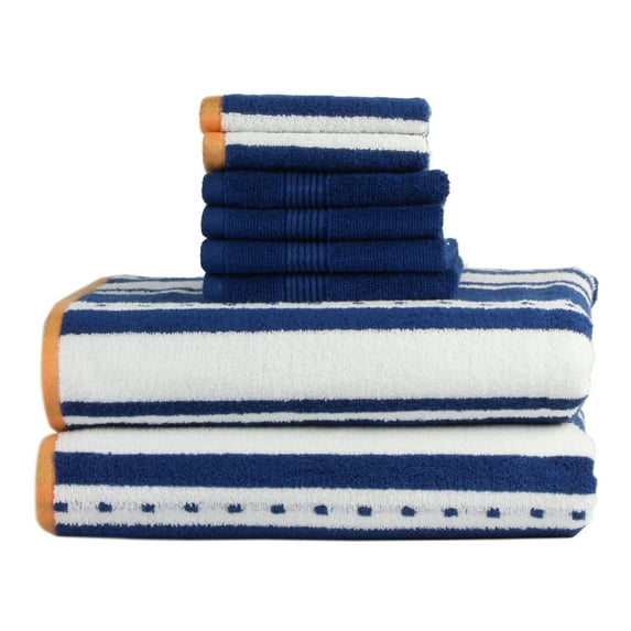 Freshee 8-Piece Bath Set, Navy Stripe/Navy Solid - Featuring Intellifresh Antimicrobial Technology