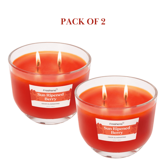 Freshens Sun Ripened Raspberry Scented Jar Candle, 2 Wick, 14 oz, 40 Hours Burn, Pack of 2, Fruity