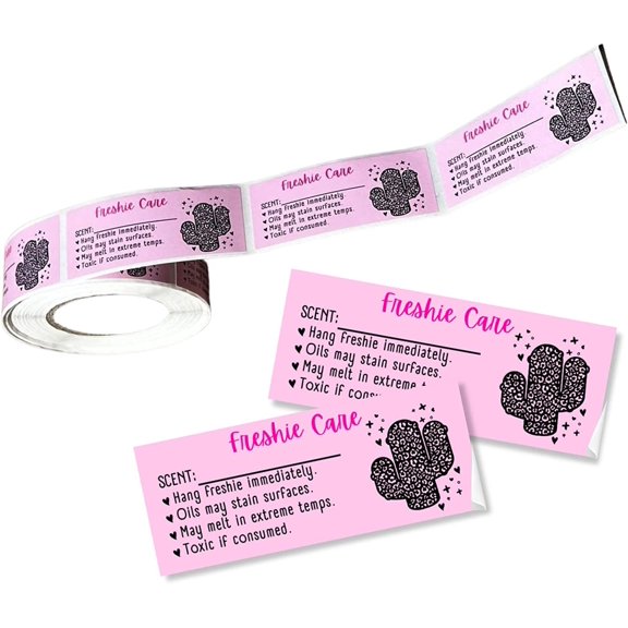 Freshie Care Instruction Card Sticker with Line to Write in Scent 350 pc roll Leopard Cactus Pink Warning Labels Customer Package 1x2.5