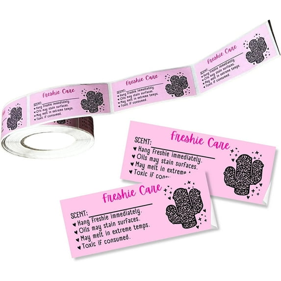 Freshie Care Instruction Card Sticker with Line to Write in Scent 350 pc roll Leopard Cactus Pink Warning Labels Customer Package 1x2.5