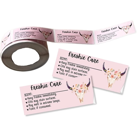 Freshie Care Instruction Card Sticker with Line to Write in Scent 350 pc roll Light Pink Bull Skull Fringe Warning Labels Customer Package 1x2.5