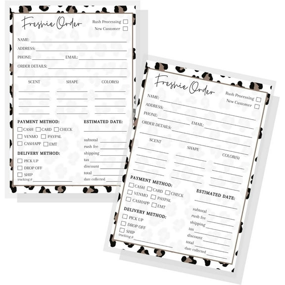 Freshie Order Forms 50 pk 5x7 Scent Label for Customer Re-Orders Bulk Leopard Minimalist for Custom Orders Sheet Care Instructions