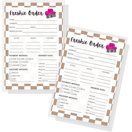 Freshie Order Forms 50 pk 5x7 Scent Label for Customer Re-Orders Bulk Tan Checkered for Custom Orders Sheet Care Instructions