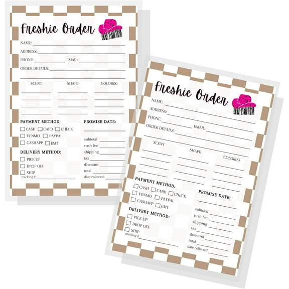 Freshie Order Forms 50 pk 5x7 Scent Label for Customer Re-Orders Bulk Tan Checkered for Custom Orders Sheet Care Instructions
