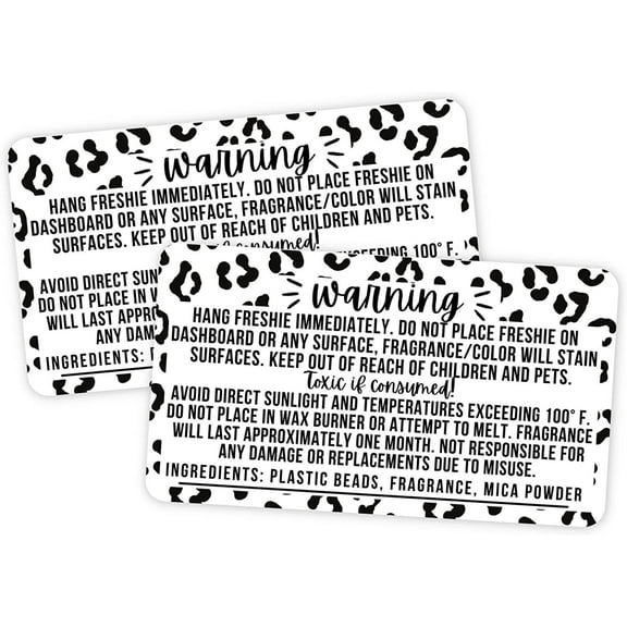 Freshie Warning Label Stickers 350 Pack Sticker Size 2.25" inches L x 1.25" inches W Freshies Supplies Leopard Background Design