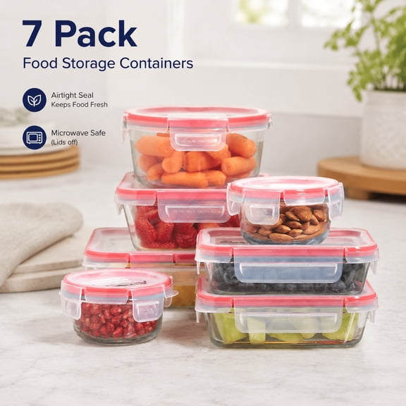 Freshlock 7-Pack Glass Food Storage Containers Set, Airtight Leakproof Plastic Locking Lids, BPA-Free Meal Prep Containers, Freezer Dishwasher Microwave Safe