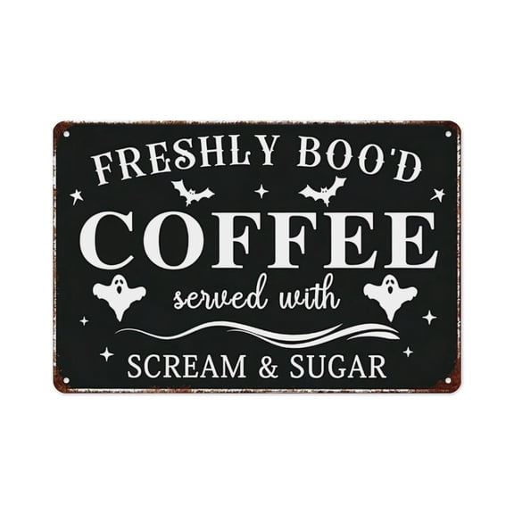 "Freshly Boo'd Coffee" 8x12 Inch Funny Halloween Metal Sign, Vintage Spooky Coffee Bar Wall Decor for Kitchen, Cafe