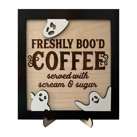 Freshly Boo’d Coffee Halloween Wooden Sign Decor – Funny Ghost Coffee Bar Sign with Stand – Cute Kitchen Countertop Decoration for Home, Office, Café, Party Tabletop Display