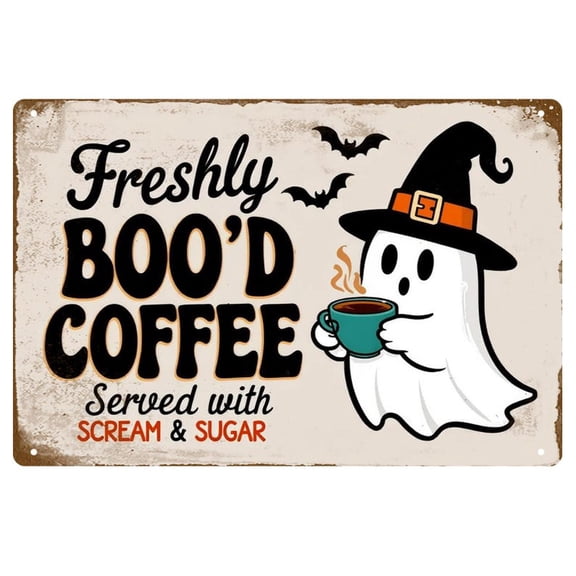 Freshly Boo'd Coffee Metal Sign - Cute Ghost Coffee Kitchen Decor, Halloween Cafe Wall Art
