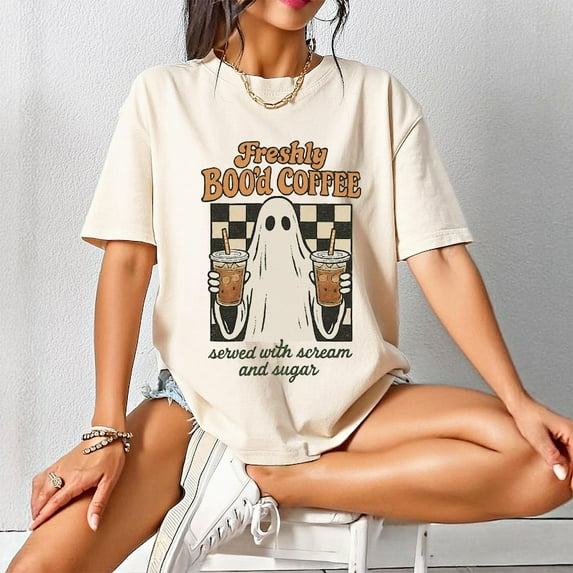Freshly Boo’d Coffee Shirt, Halloween Ghost Iced Coffee Tee, Scream and Sugar T-Shirt, Spooky Season Fall Top, Coffee Lover
