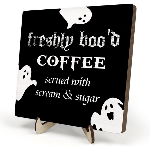 Freshly Boo'd Coffee Wood Sign, Halloween Coffee Bar Decor, Scream Sugar Spooky Season Haunted House Signs Ghosts Fall Shelf Sitter Kitchen Rustic Farmhouse Home Decor Wooden Plaque Sign