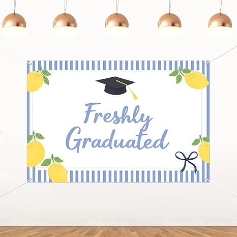 Freshly Graduated Backdrop 5x3ft Blue Striped Lemon Graduation Banner Freshly Graduated Lemon Decor Vinyl for Class of 2026 Lemonade Bar Graduation Party Decorations Supplies