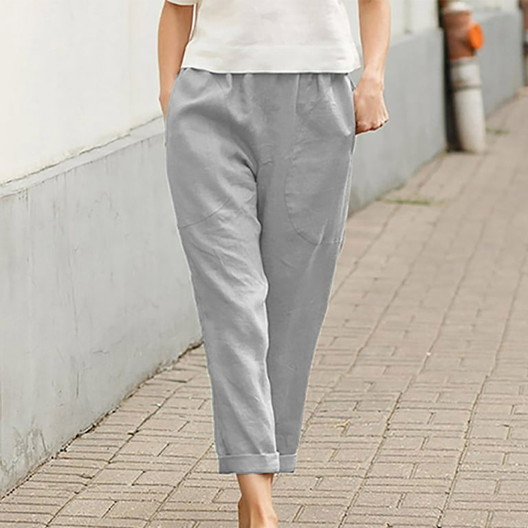 Freshly Picked For Her,AXXD Elastic Waist Pants Solid Large Pocket Linen  Straight Pants Athletic Work Woman Capri Pants Clearance Gray 6