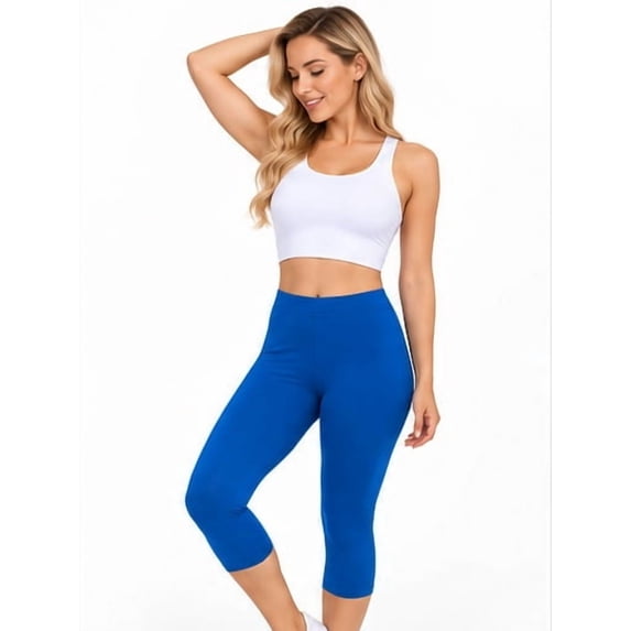 AXXD Women's Capri Leggings Blue Solid High Waist Yoga Leggings 6