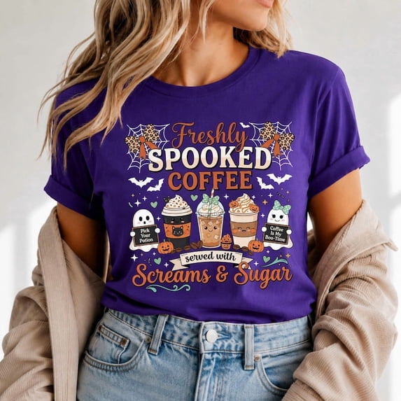 Freshly Spooked Coffee Shirt, Halloween Women T-Shirt, Autumn Tee